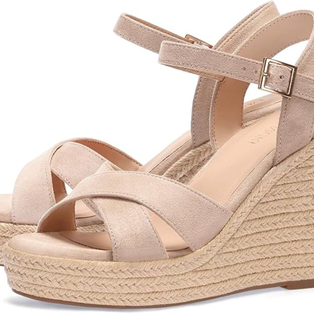 VICKI·VICKI Women's Platform Sandals Wedge Ankle Strap Open Toe Sandals(Beige)